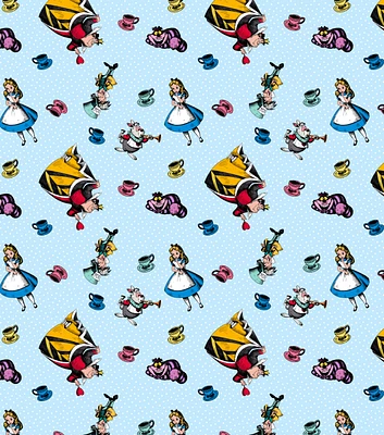 Disney Alice In Wonderland & Friends on Blue Cotton Fabric