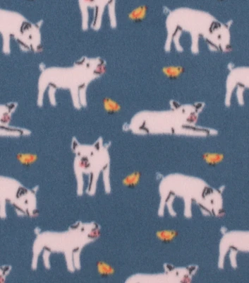 Pigs With Chicks on Blue Blizzard Fleece Fabric