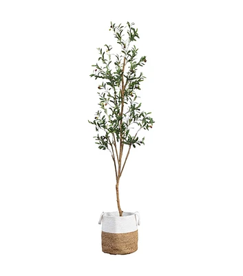 Nearly Natural 7' Olive Tree With Natural Trunk in Handmade Jute Basket