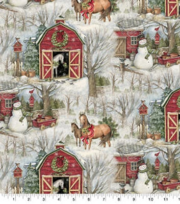 Barnyard Beauty on Gray Christmas Cotton Fabric