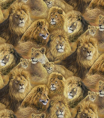 David Textiles Among the Lions on Brown Novelty Cotton Fabric