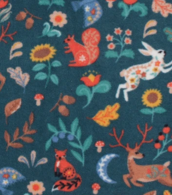 Folk Woodland Animals on Teal Anti Pill Fleece Fabric