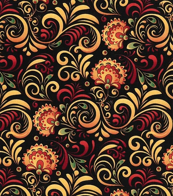 Floral Swirls on Black Premium Cotton Fabric