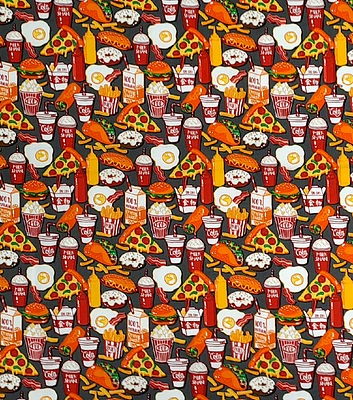 Yummy Junk Food on Black Novelty Cotton Fabric