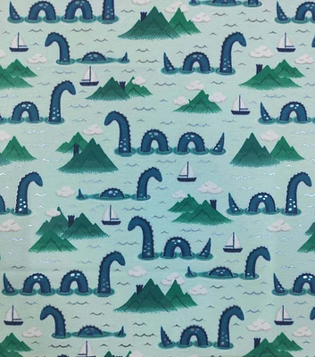 Loch Ness Monster on Blue Foil Flannel Fabric