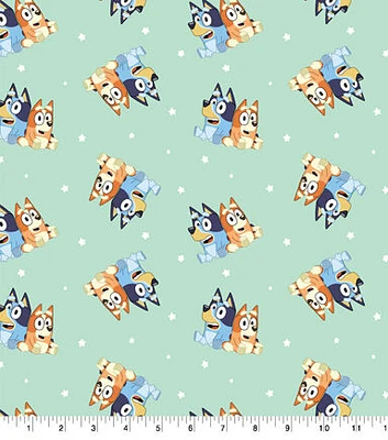 Bluey Bingo Best Friends on Green Knit Cotton Fabric