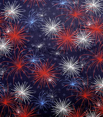 Patriotic Fireworks On Blue Cotton Fabric