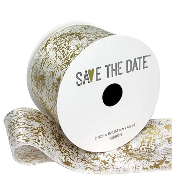 Save the Date 2.5" x 15' Gold Marble on White Ribbon