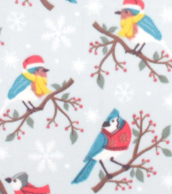 Warm Holiday Birds on Blue Christmas Anti Pill Plush Fleece Fabric