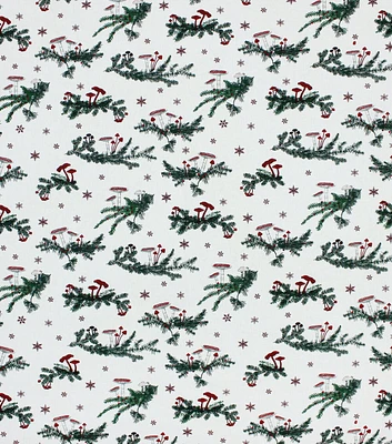 Mushrooms on White Christmas Cotton Fabric