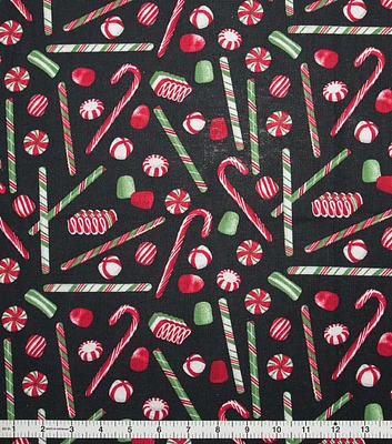 Scattered Candy Canes on Black Christmas Cotton Fabric