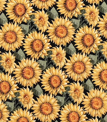 Large Sunflowers On Black Harvest Cotton Fabric