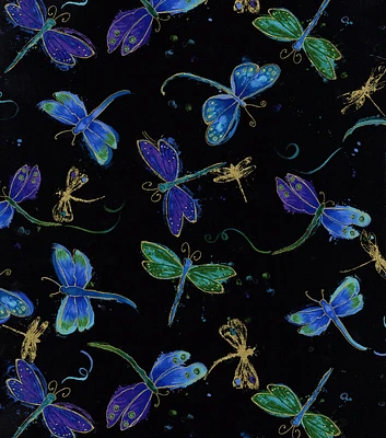 Hi Fashion Blue Dragonfly Black Premium Metallic Cotton Fabric