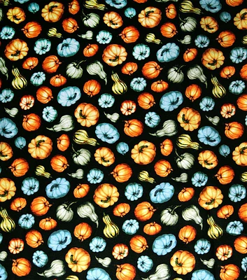 Blue Pumpkins on Black Fall Cotton Fabric