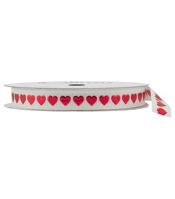 Offray Grosgrain Ribbon 3/8''x9' Red Hearts on White