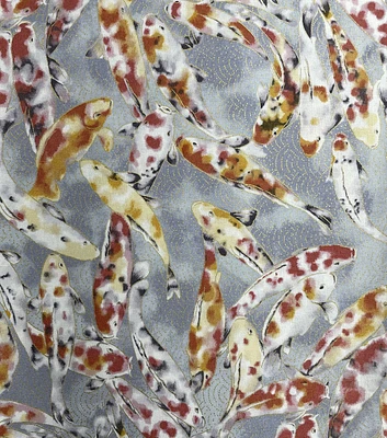 Koi Fish Swimming on Blue Metallic Premium Cotton Fabric