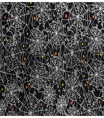 Halloween Spider Web & Stars On Black Cotton Fabric