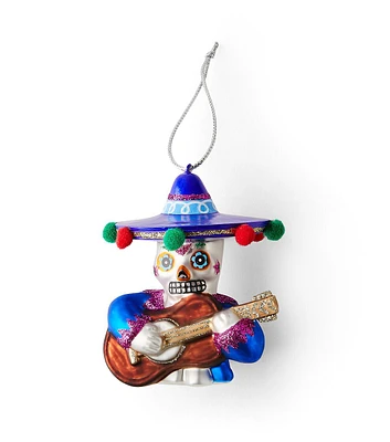 4" Christmas Sugar Skull With Guitar Glass Ornament by Place & Time