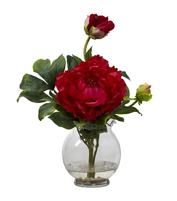 Nearly Natural Red Peony with Fluted Vase