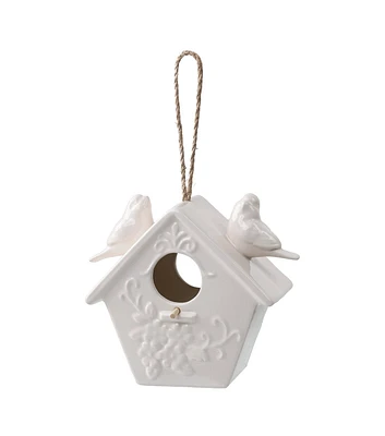 8" White Ceramic Birdhouse With Birds by Place & Time