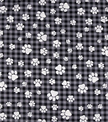 Paw Prints on Black & White Buffalo Check Novelty Cotton Fabric