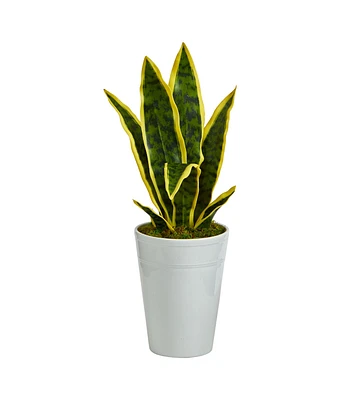 Nearly Natural 18" Artificial Sansevieria Plant in White Planter