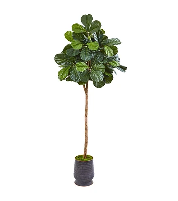 Nearly Natural 80" Fiddle Leaf Fig Tree in Ribbed Metal Planter