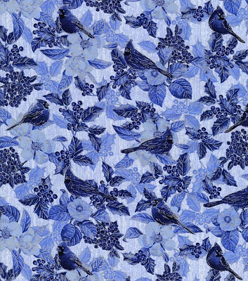 Hi Fashion Winter Blue Cardinals Christmas Metallic Cotton Fabric