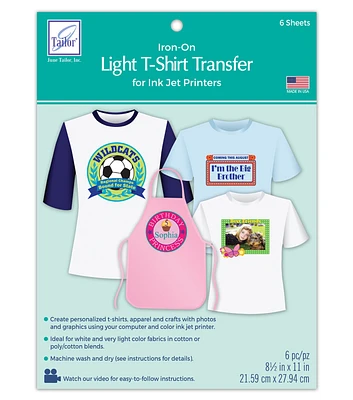 Light T Shirt Iron On Ink Jet Transfer Sheets 8.5"X11" 6 Pkg