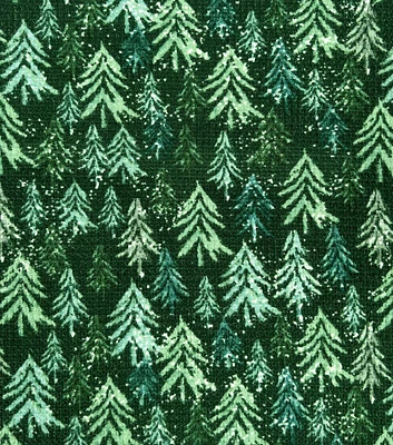 Tonal Evergreen Trees on Dark Green Brush Waffle Knit Fabric