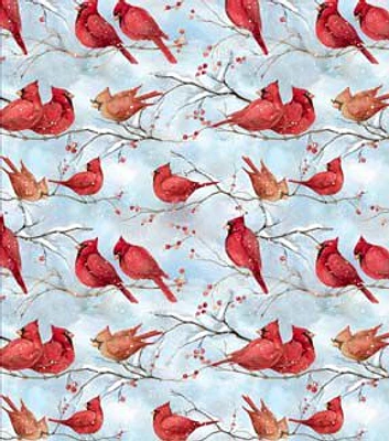 Springs Creative Birds on Branches on Blue Christmas Cotton Fabric