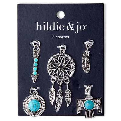 5pk Turquoise & Silver Dream Catcher & Feather Charms by hildie & jo