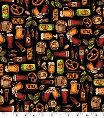 Beer & Pretzels on Black Novelty Cotton Fabric