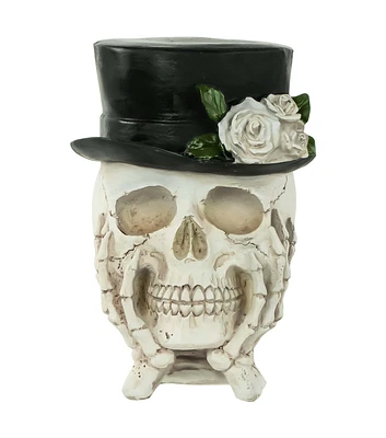 Northlight 9" Skull With Top Hat & Roses Halloween Decoration