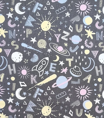 Pastel Space on Gray Nursery Cotton Fabric