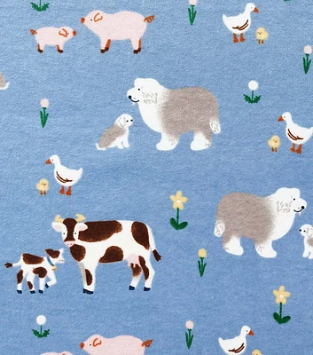 Animal Family on Blue Nursery Flannel Fabric