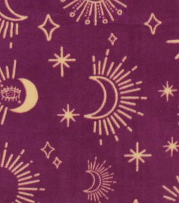 Celestial Sun & Moon on Purple Anti Pill Fleece Fabric