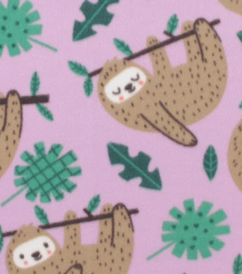 Happy Hanging Sloth on Purple Blizzard Fleece Fabric