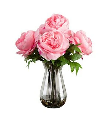 Nearly Natural 16" Artificial Peony Arrangement in Glass Vase