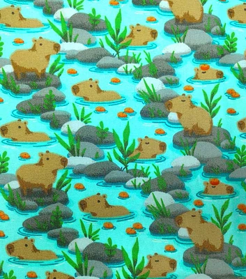 Capybara in Blue Springs Novelty Cotton Fabric