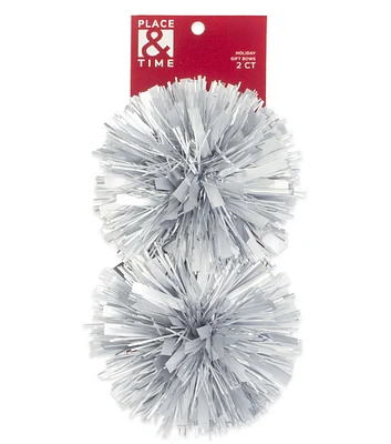 5" Christmas Silver Tinsel Bows 2pk by Place & Time