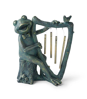 9" Green Frog Playing The Harp Resin Statue by Place & Time