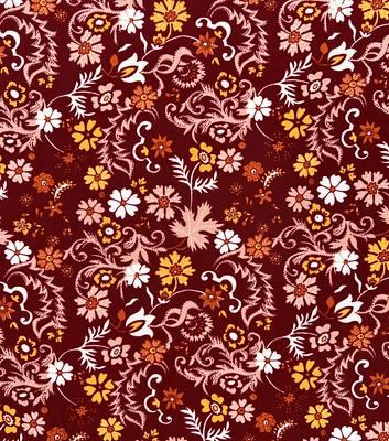 Blender Floral on Maroon Silky Crepe Fabric