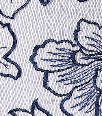 Embroidered Hibiscus Flowers on Navy Mesh Fabric