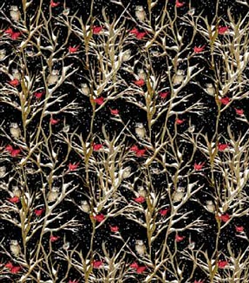 Springs Creative Red Birds & Owls on Black Christmas Cotton Fabric