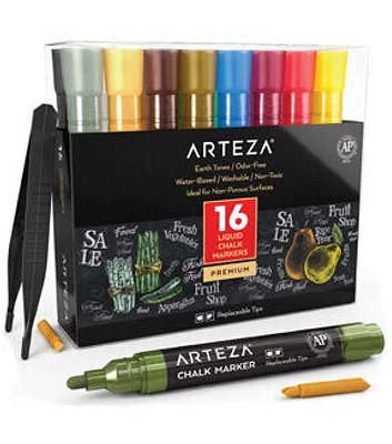 Arteza Liquid Chalk Markers, Earth Tones - Set of 16