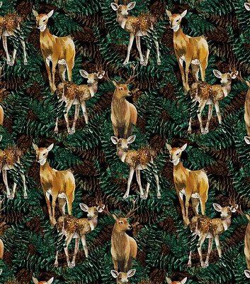 David Textiles Deer & Leaves on Green Novelty Cotton Fabric