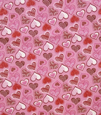 Patterned Hearts on Pink Valentine's Day Glitter Cotton Fabric