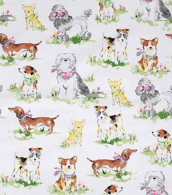 Fashionable Puppies on White Novelty Cotton Fabric