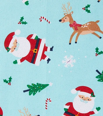 Santa Claus & Reindeer on Blue Christmas Glitter Cotton Fabric by POP!